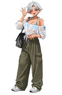 artist:kono blue_eyes elf flushed_face midriff pants pointed_ears series:original short_hair swimsuit tanned_skin white_hair // 1300x2000 // 217KB