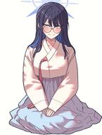 alternate_outfit artist:anygatsby blue_eyes blue_hair character:saori_(blue_archive) flushed_face glasses halo hanbok in-series_category:arius_satellite_school in-series_category:arius_squad long_hair series:blue_archive two-tone_hair // 1819x2409 // 307KB