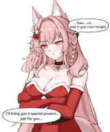 alternate_outfit animal_ears artist:daisy_cutter character:pozyomka_(arknights) dress english_text flushed_face hair_accessories hair_bow hair_braid in-series_category:lupo in-series_category:ursus_(nation-state) long_hair low-cut_dress pink_eyes pink_hair santa_outfit series:arknights wolf_ears wolf_girl // 3000x3600 // 873KB