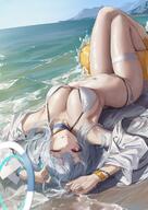 alternate_outfit artist:LEviathan0902 character:noa_(blue_archive) halo in-series_category:millenium_science_school in-series_category:seminar long_hair mechanical_halo purple_eyes series:blue_archive swimsuit white_hair // 1500x2122 // 364KB