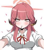 artist:guratan character:aru_(blue_archive) demon_horns halo horns in-series_category:gehenna_academy in-series_category:problem_solver_68 pink_hair pocky pov series:blue_archive yellow_eyes // 715x824 // 74KB