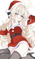 alternate_outfit artist:kamitosayu blonde_hair character:professor_niyaniya_(blue_archive) dress flushed_face green_eyes hair_bun long_hair peek santa_outfit series:blue_archive // 1220x2048 // 283KB