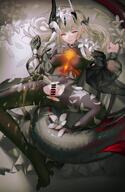 artist:iumu blonde_hair bodysuit character:reed_(arknights) character:reed_the_flame_shadow_(arknights) dragon_girl dragon_horns dragon_tail flushed_face green_eyes horns in-series_category:draco in-series_category:tara long_hair pee pov series:arknights tail torn_clothing torn_stockings // 1250x1914 // 2.5MB
