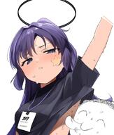 armpit artist:kandori blue_eyes character:doodle_sensei_(blue_archive) character:sensei_(blue_archive) character:yuuka_(blue_archive) character:yuuka_(track)_(blue_archive) flushed_face halo in-series_category:millenium_science_school in-series_category:seminar long_hair mechanical_halo ponytail purple_hair series:blue_archive sports_wear star_mark sweaty // 1792x2116 // 309KB