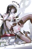 artist:iumu beauty_mark black_eyes black_hair body_wings character:virtuosa_(arknights) eye_liner garter_belt halo in-series_category:laterano in-series_category:sankta legs_up lingerie long_hair series:arknights // 1102x1684 // 1.9MB