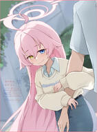 ahoge alternate_outfit artist:suecovsky blue_eyes casual_clothes character:hoshino_(blue_archive) halo heterochromia in-series_category:abydos_high_school in-series_category:foreclosure_task_force long_hair pink_hair series:blue_archive sweater yellow_eyes // 2116x2889 // 3.8MB