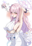 armpit artist:horin2509 body_wings character:mika_(blue_archive) feathered_wings flushed_face hair_accessories hair_bun halo in-series_category:tea_party in-series_category:trinity_general_school long_hair pink_hair series:blue_archive sweaty yellow_eyes // 2508x3541 // 2.8MB