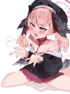 artist:abe-napori bird_girl body_wings bukkake character:koharu_(blue_archive) feathered_wings flushed_face halo head_wings in-series_category:justice_task_force in-series_category:make-up_work_club in-series_category:trinity_general_school pink_eyes pink_hair series:blue_archive short_hair sweaty twin_tails // 1500x2000 // 295KB