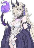 artist:ken blonde_hair character:eblana_(arknights) character:eblana_(summer_flowers_fa161)_(arknights) dragon_girl dragon_horns dragon_tail green_eyes hair_accessories hair_covering_eye horns in-series_category:draco in-series_category:tara long_hair series:arknights swimsuit tail // 2025x2864 // 969KB