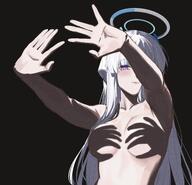armpit artist:reia character:noa_(blue_archive) halo hand_shadow_covering_breasts_(trend) in-series_category:millenium_science_school in-series_category:seminar lipstick long_hair mechanical_halo purple_eyes series:blue_archive silhouette white_hair // 2519x2421 // 2.2MB