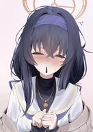 artist:kowa black_hair character:ui_(blue_archive) flushed_face halo in-series_category:library_committee in-series_category:trinity_general_school pocky pov series:blue_archive sweater sweaty // 2894x4093 // 708KB