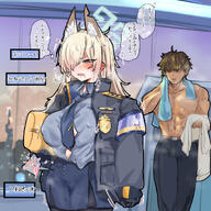 anger_vein animal_ears artist:shiming_liangjing blonde_hair blue_eyes character:kanna_(blue_archive) character:sensei_(blue_archive) dog_ears dog_girl ears_blushing flushed_face hair_covering_eye halo in-series_category:public_peace_bureau in-series_category:valkyrie_police_school japanese_text long_hair messy_hair nipples_visible_through_clothing series:blue_archive sharp_teeth steaming_body sweaty // 1200x1200 // 1.2MB