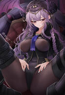 artist:mildt bird_girl character:manticore_(arknights) character:manticore_(under_a_veil)_(arknights) flushed_face hair_accessories head_wings in-series_category:manticore_(race) in-series_category:sargon long_hair nipples_visible_through_clothing purple_eyes purple_hair series:arknights tail veil // 1958x2850 // 5.3MB