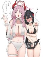 @_@ alternate_outfit artist:nagomu beauty_mark black_hair character:chiaki_(blue_archive) character:satsuki_(blue_archive) character:sensei_(blue_archive) demon_horns flushed_face halo horns in-series_category:gehenna_academy in-series_category:pandemonium_society japanese_text long_hair pink_hair ponytail pov red_eyes series:blue_archive steaming_body swimsuit // 1536x2048 // 295KB