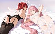 artist:nashidrop body_wings character:exusiai_(arknights) character:exusiai_the_new_covenant_(arknights) character:lemuen_(arknights) halo in-series_category:laterano in-series_category:sankta lingerie pink_eyes pink_hair red_eyes red_hair series:arknights // 1976x1247 // 312KB