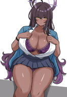 artist:latte_(a_nextsystem) brown_skin character:karin_(blue_archive) character:karin_(uniform)_(blue_archive) flushed_face halo in-series_category:cleaning_&_clearing in-series_category:millenium_science_school lingerie long_hair peek pov purple_hair series:blue_archive sweater yellow_eyes // 2822x4093 // 5.3MB