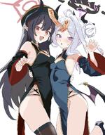 artist:kamitosayu black_hair body_wings character:chiaki_(blue_archive) character:hina_(blue_archive) demon_horns demon_wings halo horns in-series_category:gehenna_academy in-series_category:pandemonium_society in-series_category:prefect_team jiangshi mechanical_halo purple_eyes red_eyes series:blue_archive thigh_squish white_hair // 1600x2048 // 369KB