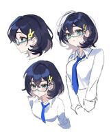 artist:h2b blue_hair character:chihiro_(blue_archive) glasses green_eyes hair_accessories halo in-series_category:millenium_science_school in-series_category:veritas mechanical_halo series:blue_archive short_hair // 3382x4000 // 671KB