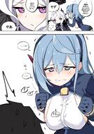 artist:oqawmet blue_eyes blue_hair character:ako_(blue_archive) character:doodle_sensei_(blue_archive) character:hina_(blue_archive) character:sensei_(blue_archive) comic demon_horns flushed_face halo horns in-series_category:gehenna_academy in-series_category:prefect_team japanese_text long_hair mechanical_halo purple_hair series:blue_archive side_boob tears white_hair // 2100x3000 // 1.8MB