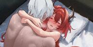 arms_around_neck artist:uof character:doctor_(arknights) character:surtr_(arknights) demon_horns flushed_face horns in-series_category:sarkaz long_hair missionary red_hair series:arknights // 2749x1407 // 1.4MB