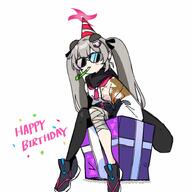 animal_ears artist:SYK character:michiru_(blue_archive) english_text grey_hair hair_accessories halo in-series_category:allied_hyakkiyako_academy in-series_category:ninjutsu_research_club meta:animated raccoon_tail series:blue_archive sunglasses tanuki_ears tanuki_girl twin_tails // 800x800 // 1.1MB