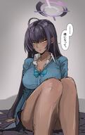 artist:KADENAmitei brown_skin character:karin_(blue_archive) character:karin_(uniform)_(blue_archive) eye_liner halo in-series_category:cleaning_&_clearing in-series_category:millenium_science_school japanese_text long_hair purple_hair series:blue_archive sweater yellow_eyes // 3620x5736 // 6.9MB