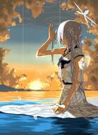 artist:manga_to_yukata character:nagusa_(blue_archive) hair_accessories halo in-series_category:allied_hyakkiyako_academy in-series_category:hyakkaryouran_conflict_resolution_council long_hair series:blue_archive wet_shirt white_eyes white_hair // 5620x7705 // 22MB
