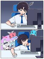 artist:jeomo black_eyes blue_eyes blue_hair character:arona_(blue_archive) character:plana_(blue_archive) character:sensei_(blue_archive) comic hair_bow hair_covering_eye halo in-series_category:general_student_council in-series_category:schale in-series_category:shittim_chest pink_hair series:blue_archive short_hair white_hair // 2150x2849 // 2.4MB