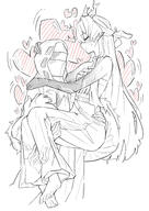 artist:ahti character:doctor_(arknights) character:shu_(arknights) dragon_girl dragon_horns dragon_tail ears_blushing flushed_face hair_accessories hair_bun horns in-series_category:feranmut in-series_category:sui_siblings in-series_category:yan long_hair monochrome pants pointed_ears princess_carry series:arknights sweaty tail tail_wrap // 2480x3508 // 2.1MB