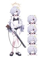 artist:dongji character:kanoe_(blue_archive) grey_hair hair_accessories hair_covering_eye halo in-series_category:occult_research_society in-series_category:wild_hunt_academy_of_arts long_hair meta:character_sheet orange_eyes series:blue_archive swimsuit twin_tails // 3012x4096 // 638KB