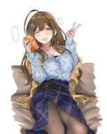 artist:hame_dragon brown_eyes brown_hair casual_clothes character:kuwayama_chiyuki_(idolmaster_shiny_colors) flushed_face hair_accessories long_hair peek series:idolmaster series:idolmaster_shiny_colors steaming_body sweater v // 807x1011 // 143KB