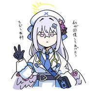 alternate_outfit artist:nyaru body_wings character:azusa_(blue_archive) feathered_wings halo in-series_category:make-up_work_club in-series_category:trinity_general_school japanese_text nurse purple_eyes series:blue_archive v white_hair // 444x434 // 121KB