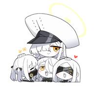 artist:sweetbar119 blindfold character:ein_(blue_archive) character:malkuth_(blue_archive) character:ohr_(blue_archive) character:sof_(blue_archive) chibi face_mask hair_covering_eye headpat headphones in-series_category:decagrammaton long_hair series:blue_archive short_hair twin_tails white_hair white_skin yellow_eyes // 2756x2756 // 321KB