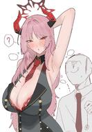 armpit artist:nagomu beauty_mark character:satsuki_(blue_archive) character:sensei_(blue_archive) demon_horns flushed_face halo horns in-series_category:gehenna_academy in-series_category:pandemonium_society japanese_text lingerie long_hair pink_hair red_eyes series:blue_archive steaming_body sweaty // 2161x3110 // 2.0MB