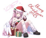 alternate_outfit artist:gabang body_wings character:mika_(blue_archive) dress english_text feathered_wings hair_bun halo in-series_category:tea_party in-series_category:trinity_general_school long_hair low-cut_dress pink_hair santa_outfit series:blue_archive tube_socks yellow_eyes // 3218x2647 // 4.7MB