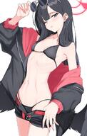 artist:isocha black_hair body_wings character:ichika_(blue_archive) character:ichika_(swimsuit)_(blue_archive) feathered_wings grey_eyes halo in-series_category:justice_task_force in-series_category:trinity_general_school long_hair series:blue_archive short_shorts sunglasses swimsuit // 1303x2048 // 260KB