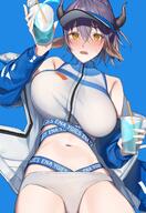 animal_ears artist:r_oot bovine_horns character:sideroca_(arknights) character:sideroca_(light_breeze_lb03)_(arknights) english_text flushed_face horns in-series_category:forte in-series_category:minos orange_eyes ponytail purple_hair series:arknights short_hair swimsuit // 2812x4096 // 901KB