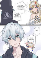 anger_vein artist:ahti character:doctor_(arknights) character:shu_(arknights) chibi comic dragon_horns english_text eye_liner flushed_face full-face_blush green_eyes hair_accessories horns in-series_category:feranmut in-series_category:sui_siblings in-series_category:yan long_hair pointed_ears series:arknights white_hair // 2480x3508 // 4.7MB