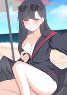artist:woodhxx black_hair body_wings character:ichika_(blue_archive) character:ichika_(swimsuit)_(blue_archive) feathered_wings flushed_face grey_eyes halo in-series_category:justice_task_force in-series_category:trinity_general_school long_hair pov series:blue_archive short_shorts sunglasses swimsuit // 1451x2048 // 436KB