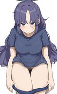 artist:mokuhon bloomers character:yuuka_(blue_archive) character:yuuka_(track)_(blue_archive) flushed_face halo in-series_category:millenium_science_school in-series_category:seminar long_hair mechanical_halo ponytail pubic_hair purple_eyes purple_hair series:blue_archive sports_wear star_mark // 2491x4096 // 454KB
