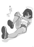artist:hikodge bloomers character:gehenna_mob_(blue_archive) hair_covering_eye halo in-series_category:gehenna_academy japanese_text midriff monochrome series:blue_archive short_hair sports_wear stretching sweaty tan_lines tanned_skin // 700x953 // 202KB