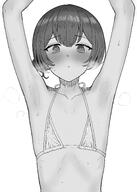 armpit artist:tsurui character:morino_rinze_(idolmaster_shiny_colors) flushed_face hair_bun micro_bikini monochrome series:idolmaster series:idolmaster_shiny_colors short_hair steaming_body // 1573x2200 // 324KB