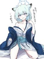 animal_ears artist:eiraku_tee blue_eyes character:shigure_(blue_archive) character:shigure_(hot_spring)_(blue_archive) green_hair halo in-series_category:red_winter_federal_academy in-series_category:spec_ops_no._227 japanese_text series:blue_archive short_hair stoat_ears stoat_girl yukata // 1020x1360 // 190KB