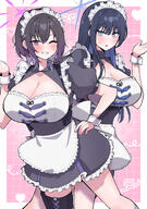 alternate_outfit artist:buppa_man blue_eyes blue_hair character:saori_(blue_archive) character:subaru_(blue_archive) flushed_face halo in-series_category:arius_satellite_school in-series_category:arius_squad in-series_category:nicomedia_troop maid purple_eyes purple_hair series:blue_archive sweaty two-tone_hair // 1660x2360 // 3.0MB