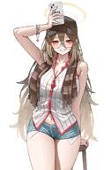 alternate_outfit armpit artist:kono brown_eyes brown_hair character:akane_(blue_archive) flushed_face glasses halo in-series_category:cleaning_&_clearing in-series_category:millenium_science_school long_hair series:blue_archive short_shorts sports_wear // 1310x2000 // 333KB