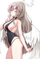 artist:asya body_wings brown_eyes brown_hair character:nagisa_(blue_archive) character:nagisa_(swimsuit)_(blue_archive) feathered_wings flushed_face halo in-series_category:tea_party in-series_category:trinity_general_school long_hair ponytail series:blue_archive sunglasses swimsuit // 1100x1637 // 159KB