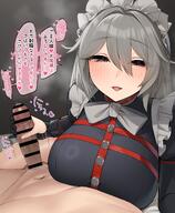 artist:karakari character:alexandrina_sebastiane_(zenless_zone_zero) flushed_face grey_hair handjob in-series_category:victoria_housekeeping_company japanese_text long_hair maid pov red_eyes series:zenless_zone_zero steaming_body // 1620x1970 // 347KB