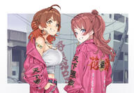alternate_outfit artist:hame_dragon blue_eyes brown_eyes brown_hair character:hanami_saki_(gakuen_idolmaster) character:hanami_ume_(gakuen_idolmaster) delinquent hair_bun japanese_text long_hair midriff pants red_hair series:gakuen_idolmaster series:idolmaster short_hair sukeban twin_tails // 1050x727 // 209KB