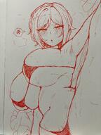 artist:hetima0112 brown_skin character:outis cheerleader large_areolae lingerie meta:traditional_art monochrome nipple_slip series:project_moon short_hair steaming_body // 1536x2048 // 1.1MB