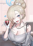 alternate_outfit artist:aoilico_(onuj25) beauty_mark blonde_hair blue_eyes casual_clothes character:asuna_(blue_archive) ear_piercings hair_accessories hair_bun hair_covering_eye halo in-series_category:cleaning_&_clearing in-series_category:millenium_science_school pants pov series:blue_archive sweater // 2508x3541 // 711KB